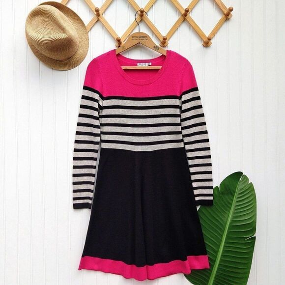 Eliza J Knit Fit & Flare Sweater Dress Size PM Pink Black Stripe Long Sleeve - Picture 1 of 8